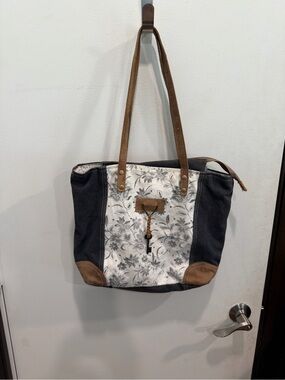 Myra Bag Black and White Floral Canvas Tote with Brown Accents